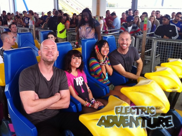(2012 Electric Adventure artist Dada Life about to ride the “Kingda Ka” with their fans)